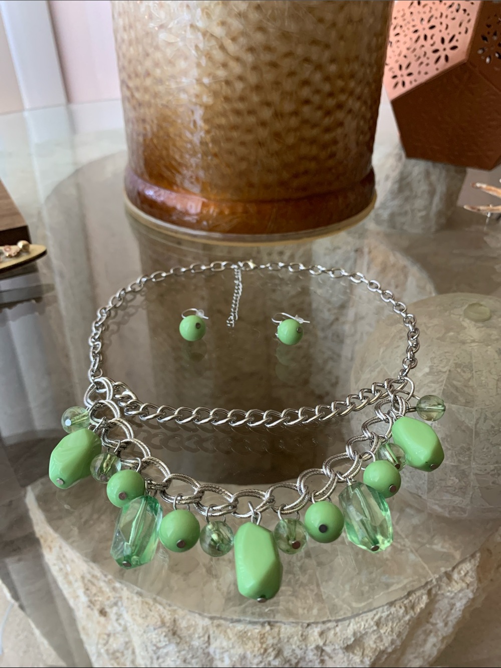 Silver-Tone Green Bead Dangle Necklace with Matching Earrings